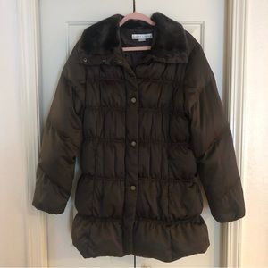 Larry Levine Down-Feather Coat w Faux Fur Trim Slimming Dark Brown, Women’s XL